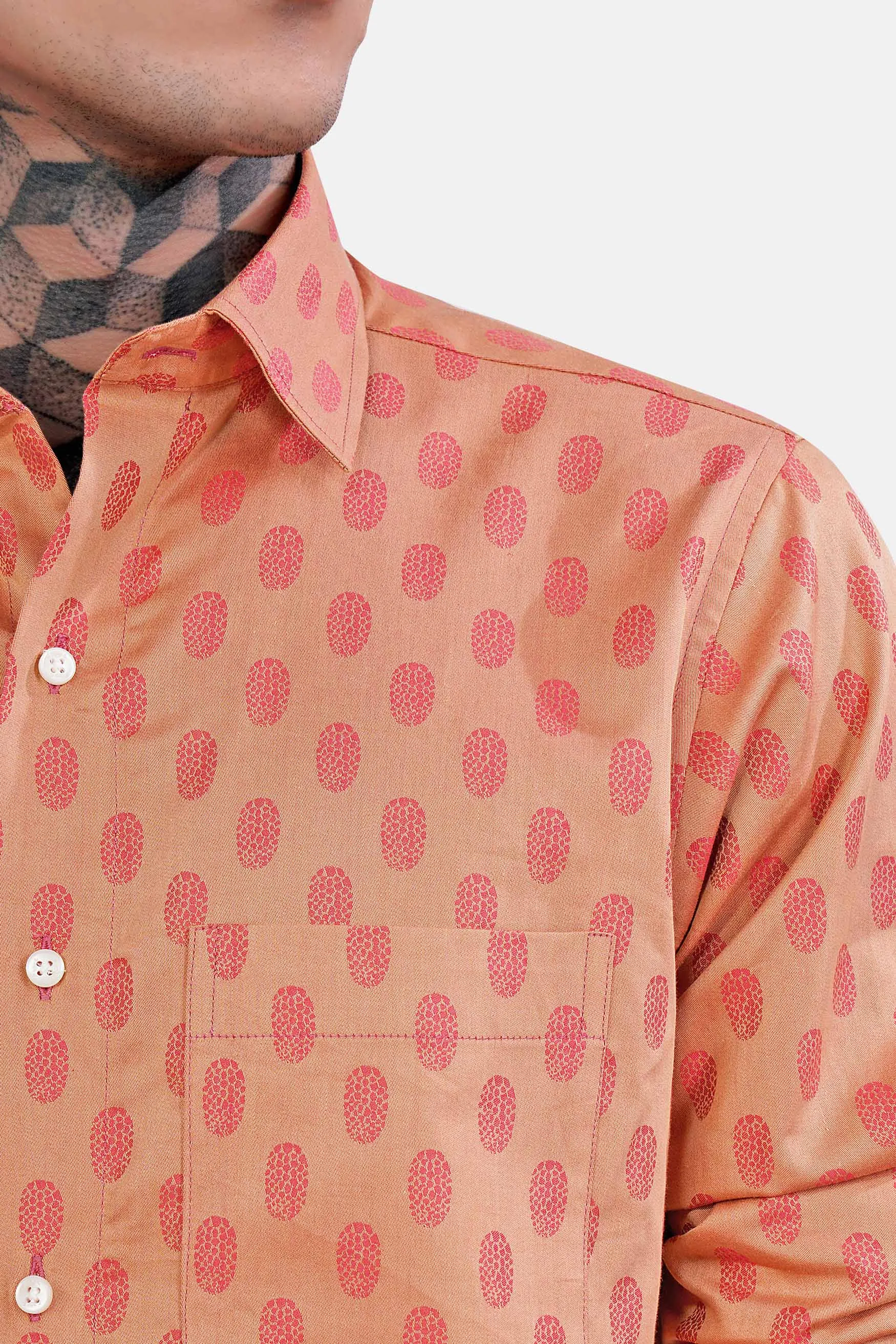 Apricot Brown and Mandy Pink Jacquard Textured Premium Giza Cotton Shirt