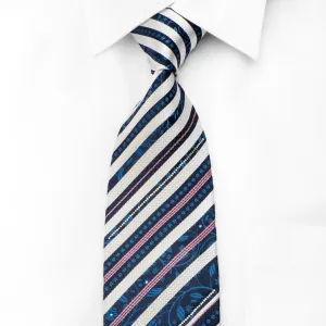 Aquascutum Men's Crystal Rhinestone Tie White Striped Floral On Navy Silk With Purple Sparkles