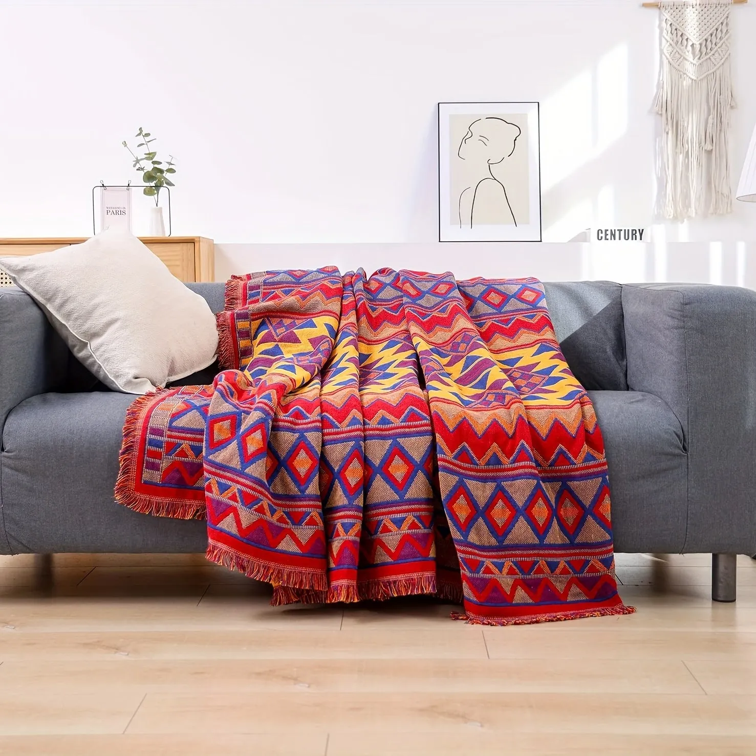 Boho Woven Jacquard Throw Blanket with Tassels for Home Decor