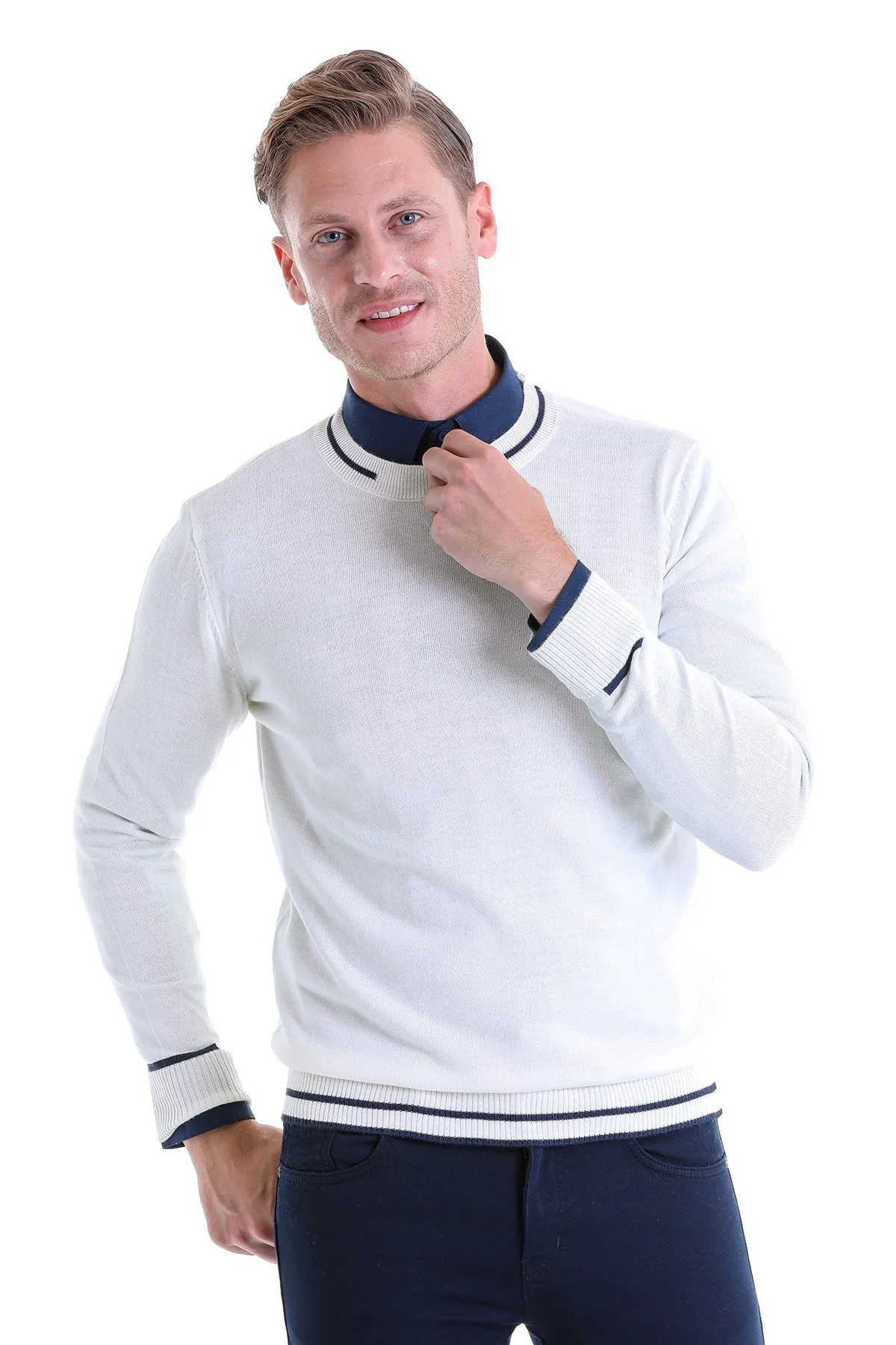 Comfort Fit Wool Blend Ecru Crewneck Sweater