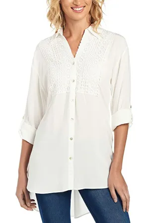 Cupio Collared Button Down 2 Way Sleeve Embellished Hi-Low Hem Viscose Top