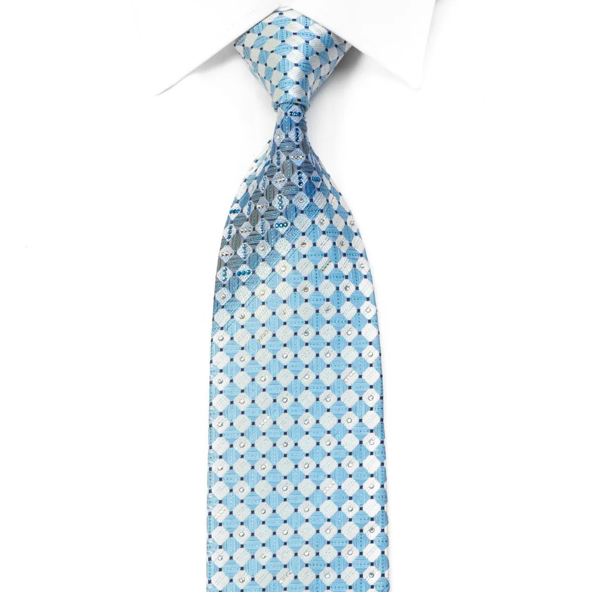 Daks Rhinestone Silk Tie Light Blue Silver Checkered With Metallic Blue Sparkles