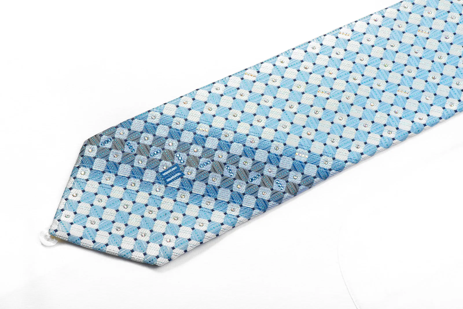 Daks Rhinestone Silk Tie Light Blue Silver Checkered With Metallic Blue Sparkles