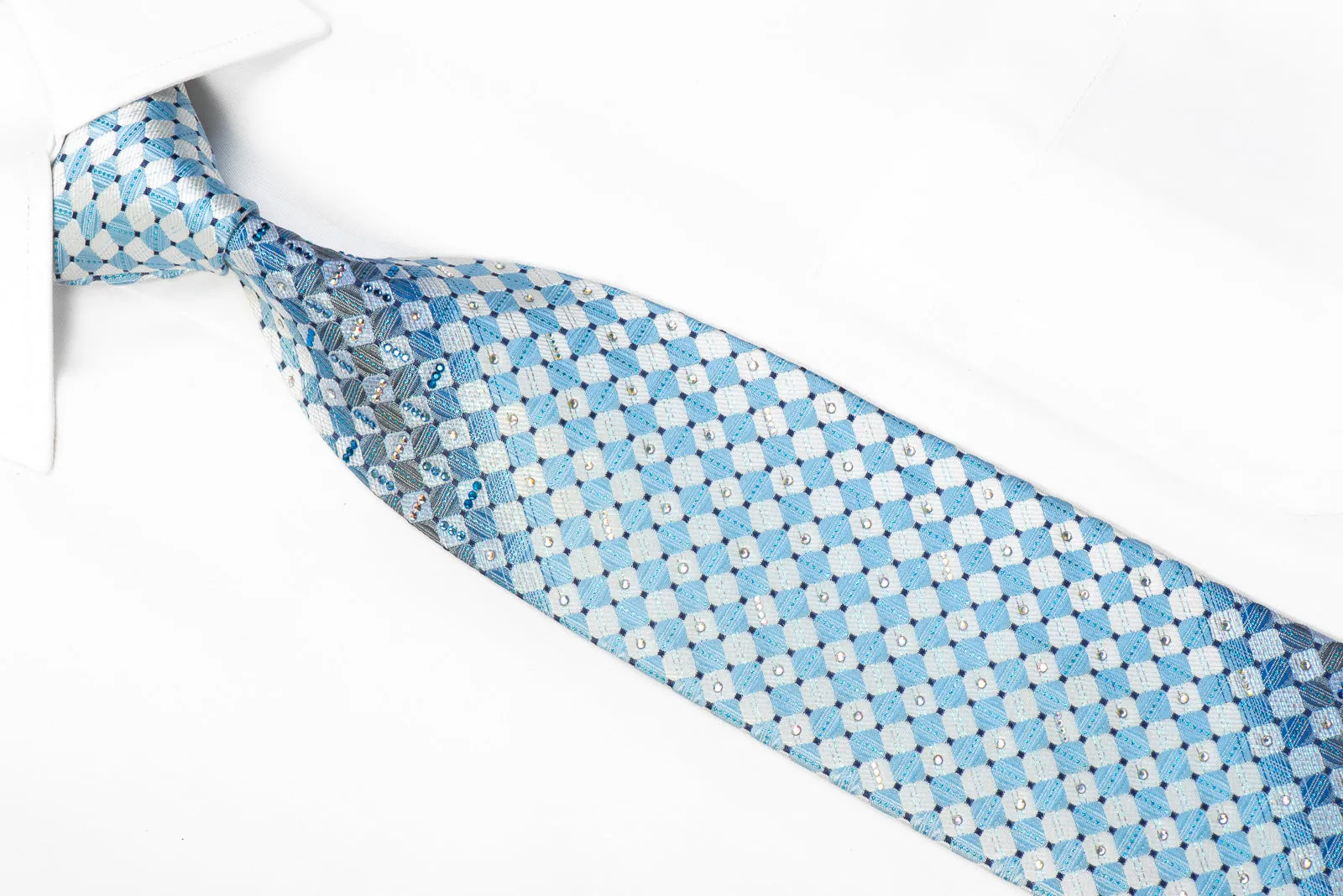 Daks Rhinestone Silk Tie Light Blue Silver Checkered With Metallic Blue Sparkles