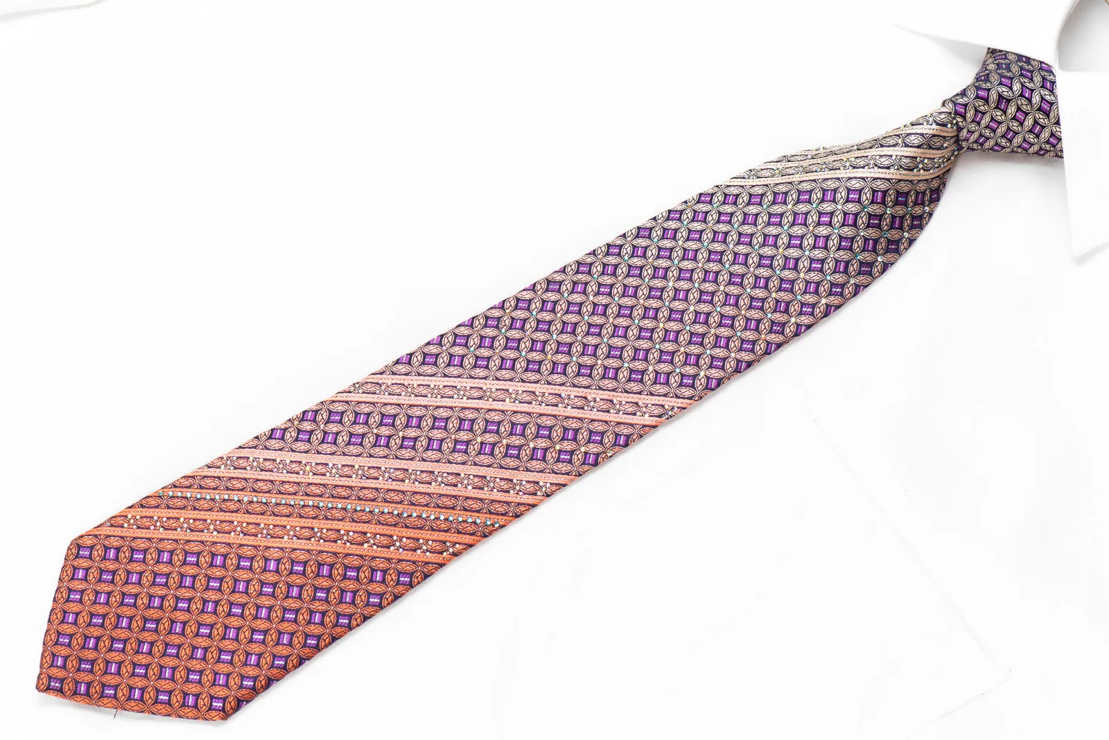 Metro City Rhinestone Tie Orange Striped & Circles On Purple With Sparkles