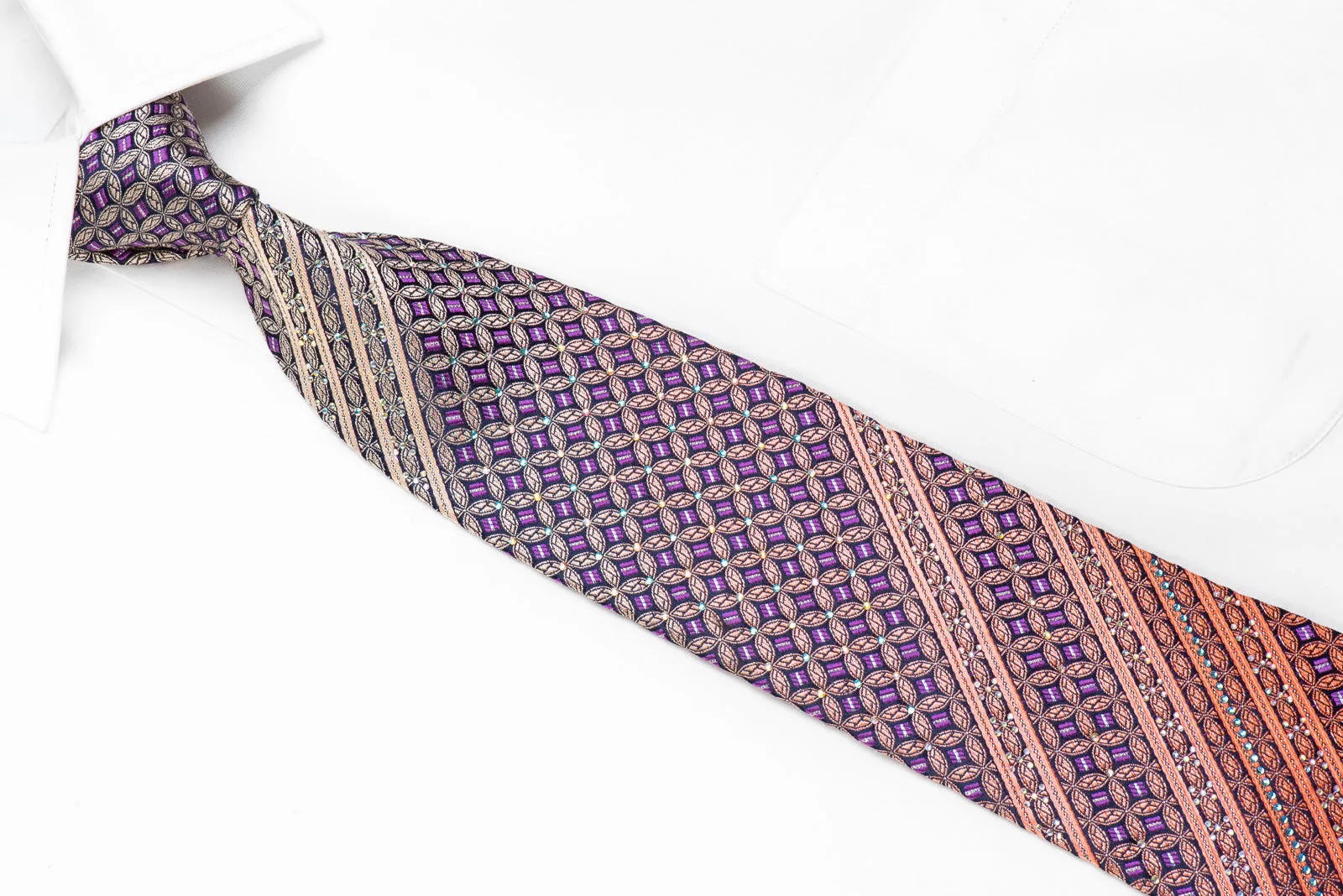 Metro City Rhinestone Tie Orange Striped & Circles On Purple With Sparkles