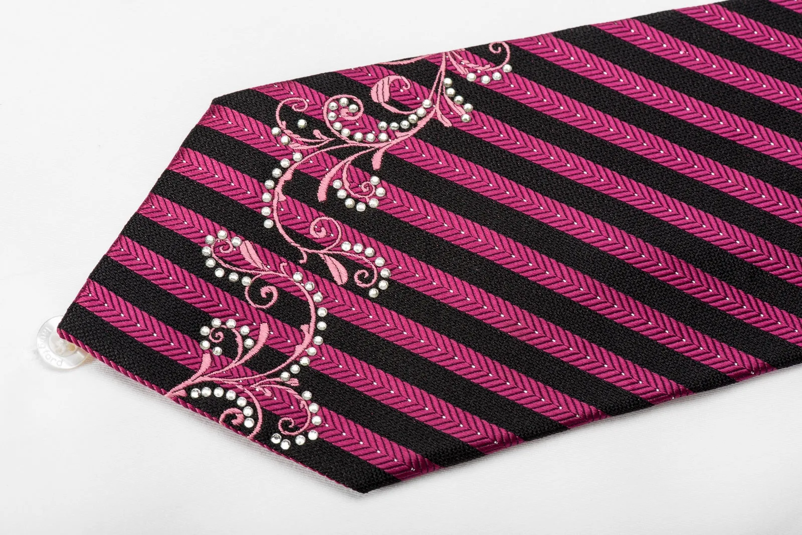 Michiko Koshino Men's Crystal Rhinestone Silk Tie Purple Navy Striped With Scrolls & Sparkles