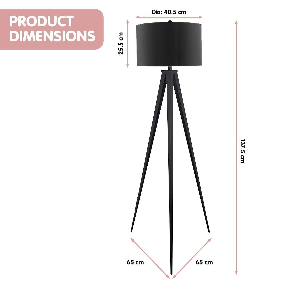 Minimalist Tripod Floor Lamp, Steel Legs, Black - Sarantino