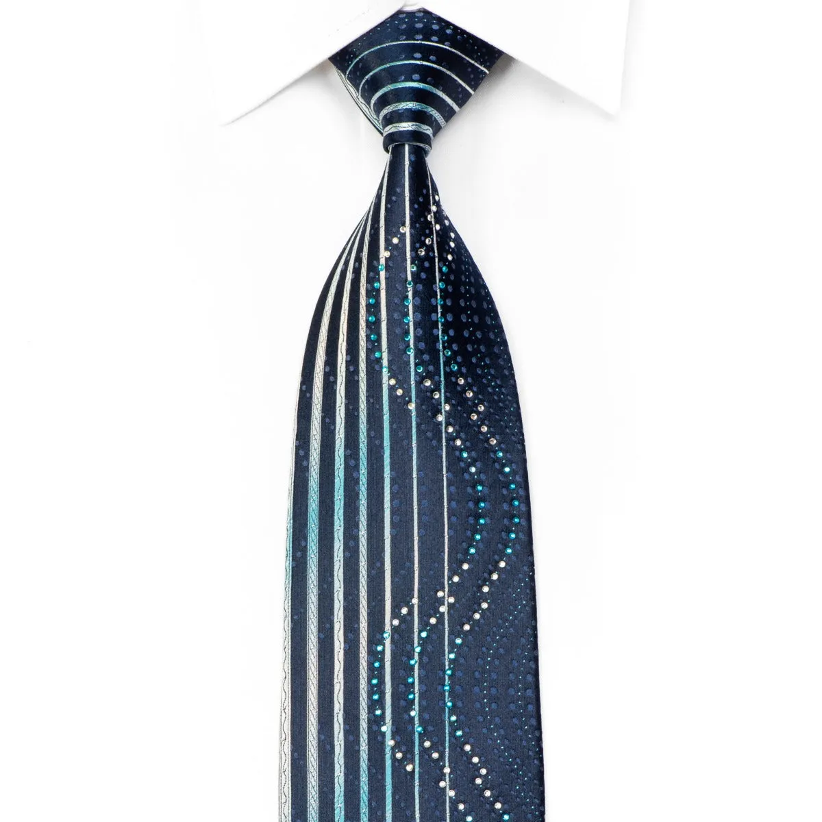 Park Land Mens Rhinestone Tie Vertical Stiped Waves On Blue With Sparkles