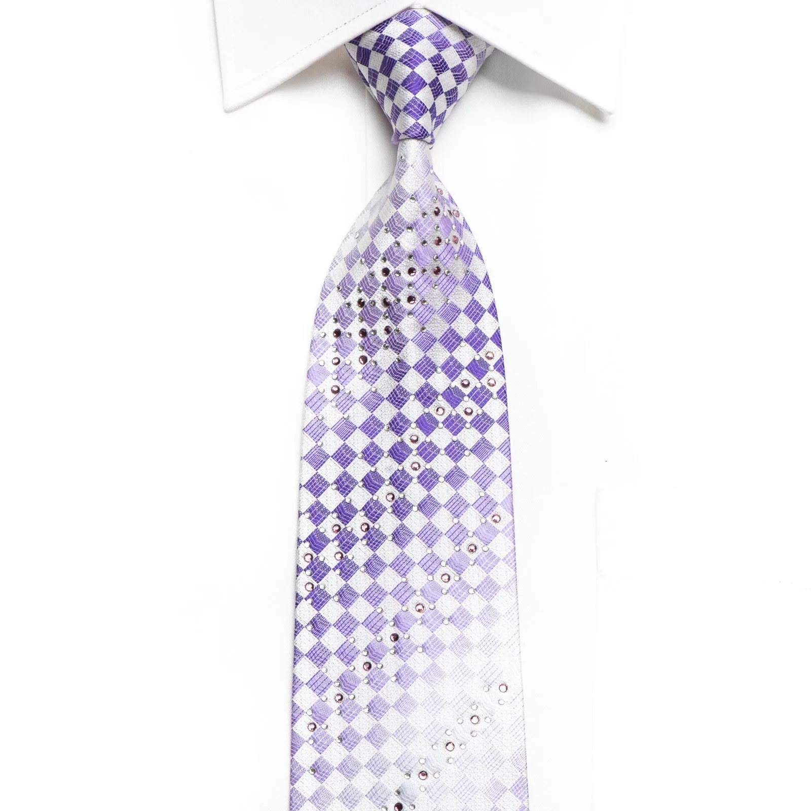 Piccioni Marco Men's Crystal Necktie Mauve White Checkered Sparkling With Rhinestones