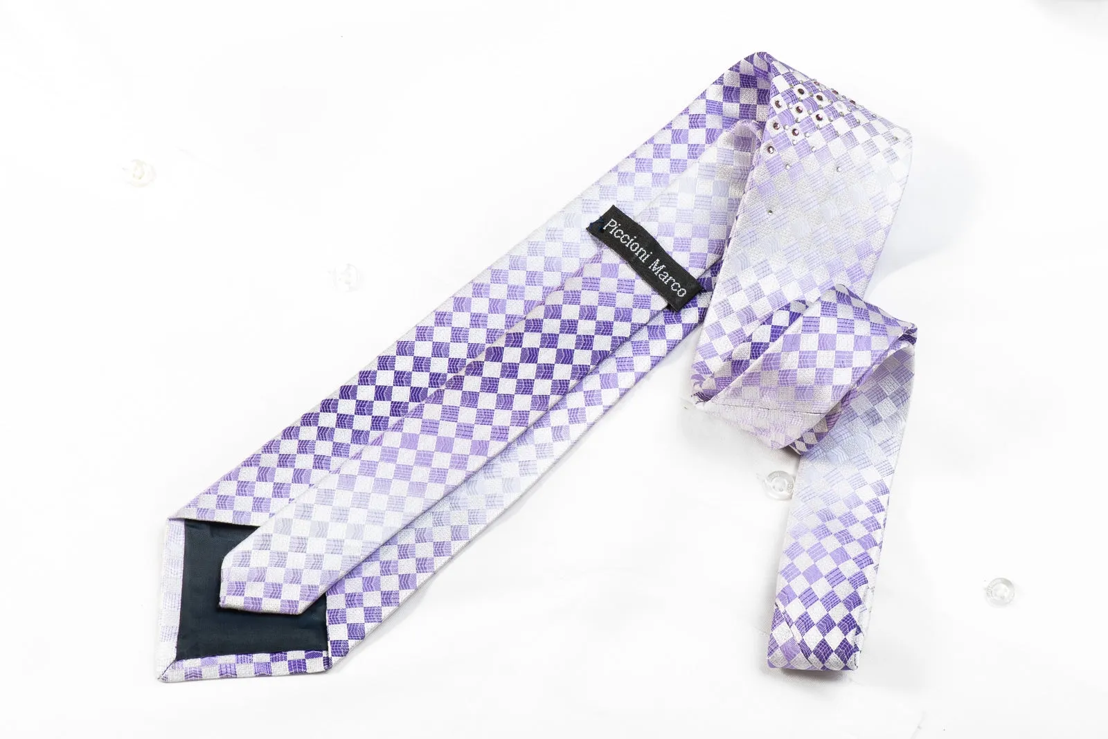 Piccioni Marco Men's Crystal Necktie Mauve White Checkered Sparkling With Rhinestones