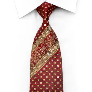 Renoma Men's Silk Necktie Gold Red Cartouche Checker On Burgundy Sparkling With Rhinestones