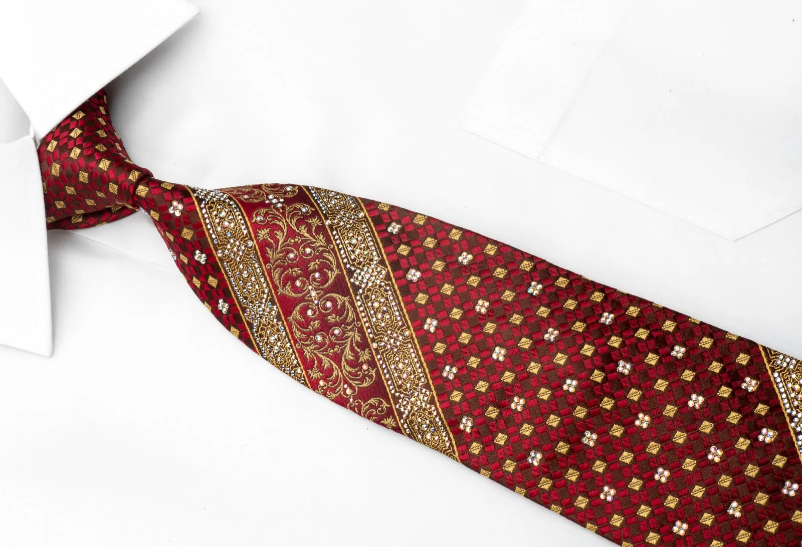 Renoma Men's Silk Necktie Gold Red Cartouche Checker On Burgundy Sparkling With Rhinestones