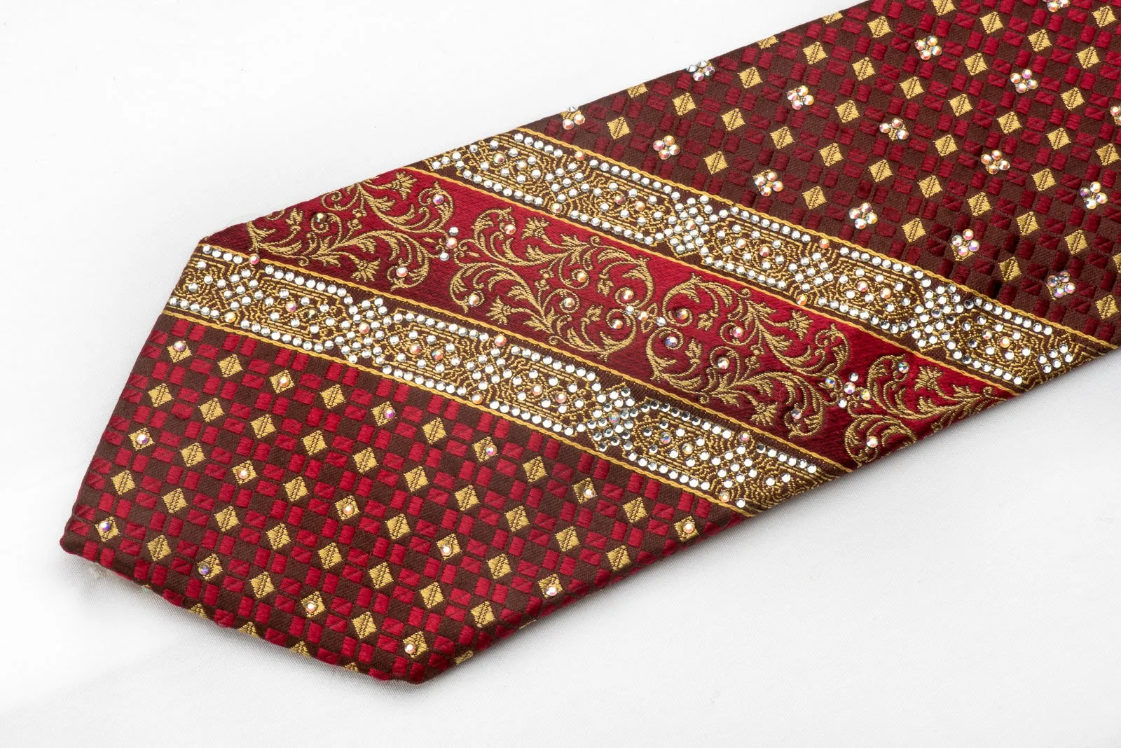 Renoma Men's Silk Necktie Gold Red Cartouche Checker On Burgundy Sparkling With Rhinestones