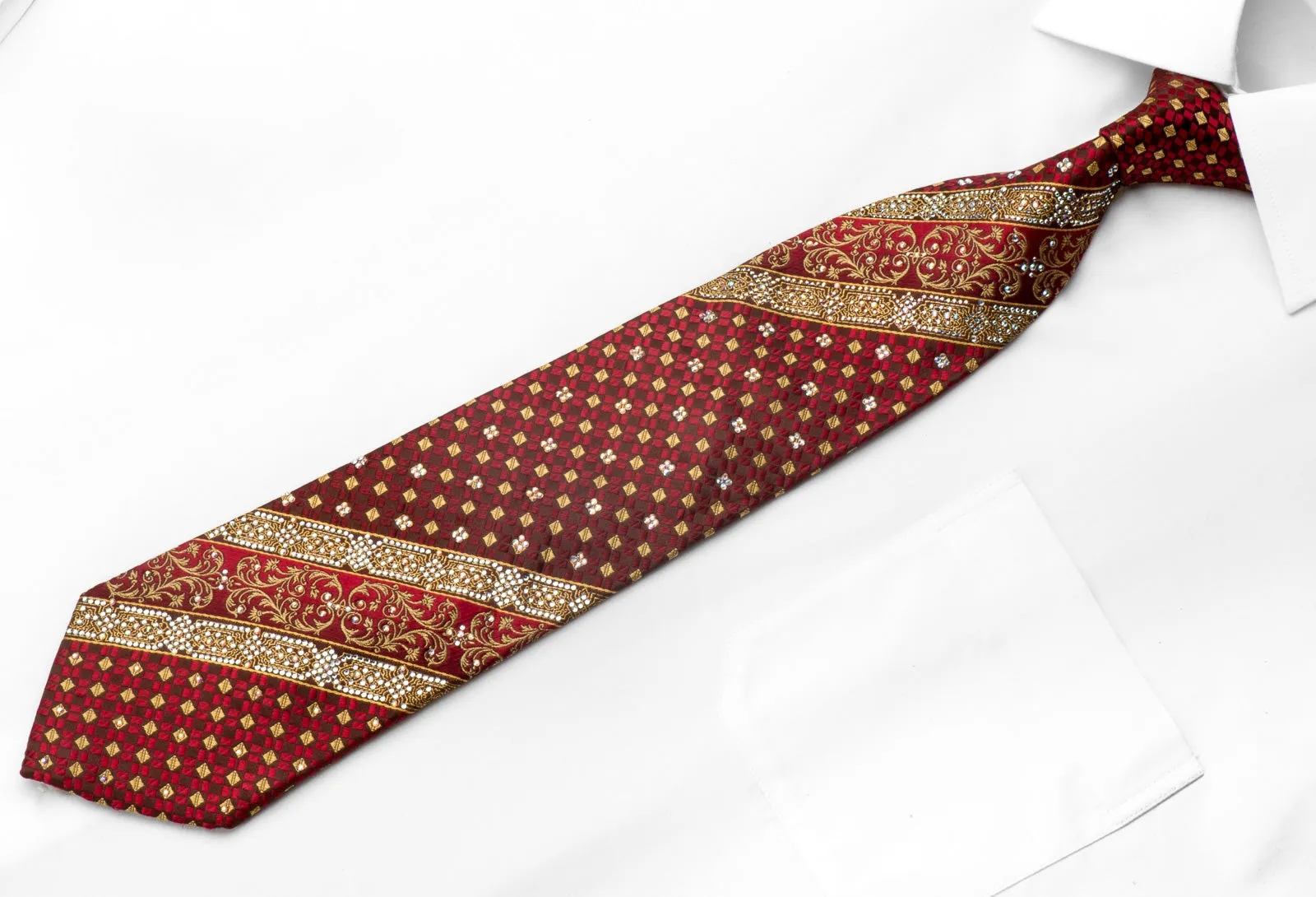 Renoma Men's Silk Necktie Gold Red Cartouche Checker On Burgundy Sparkling With Rhinestones