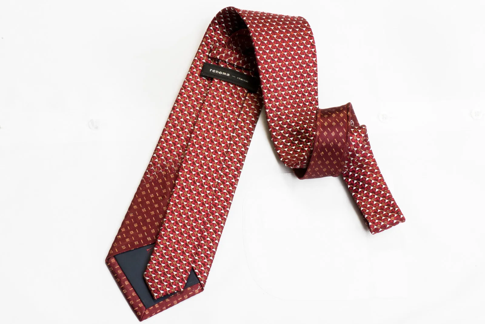 Renoma Rhinestone Silk Tie Red Silver Geometric on Burgundy With Sparkles