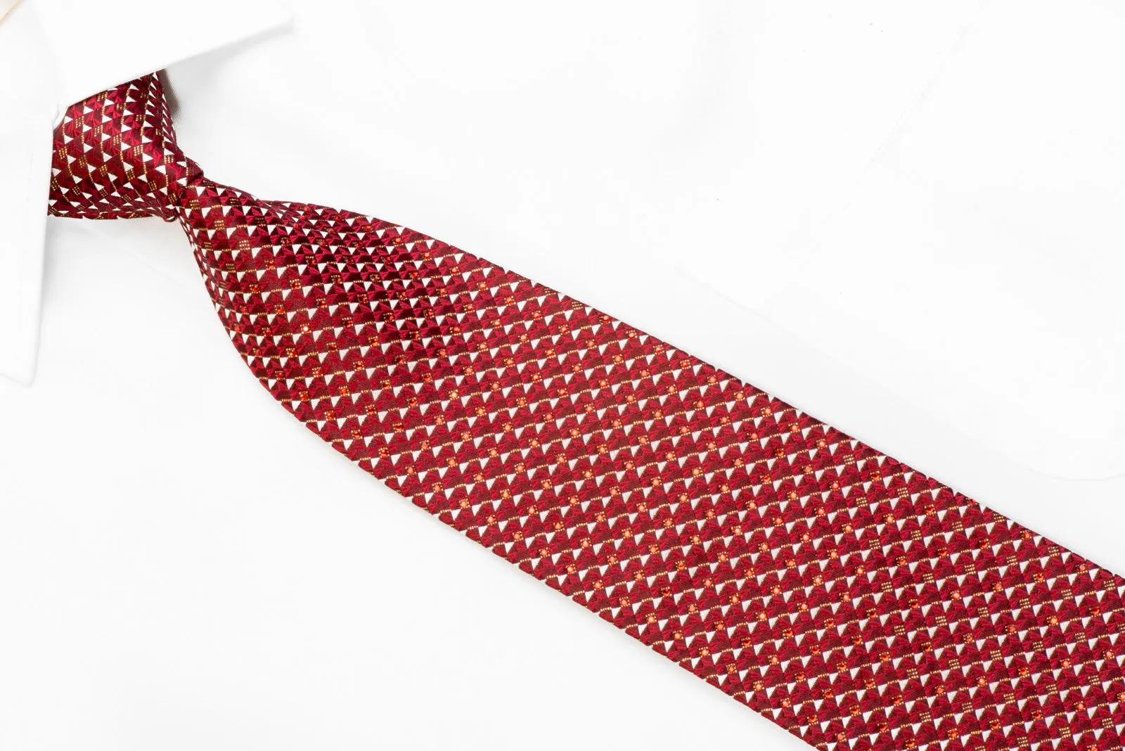 Renoma Rhinestone Silk Tie Red Silver Geometric on Burgundy With Sparkles