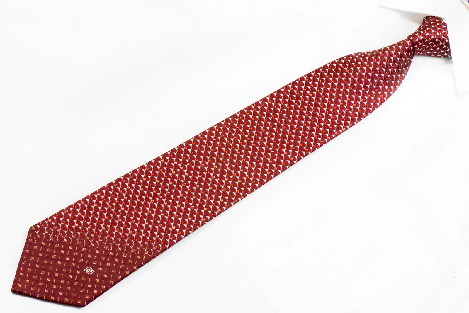 Renoma Rhinestone Silk Tie Red Silver Geometric on Burgundy With Sparkles