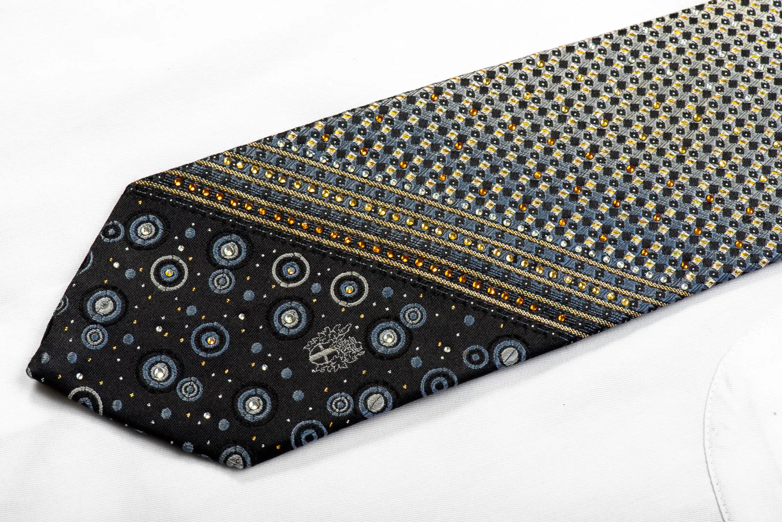 Silver Geometric Gold Striped On Black With Sparkles Rhinestone Silk Necktie