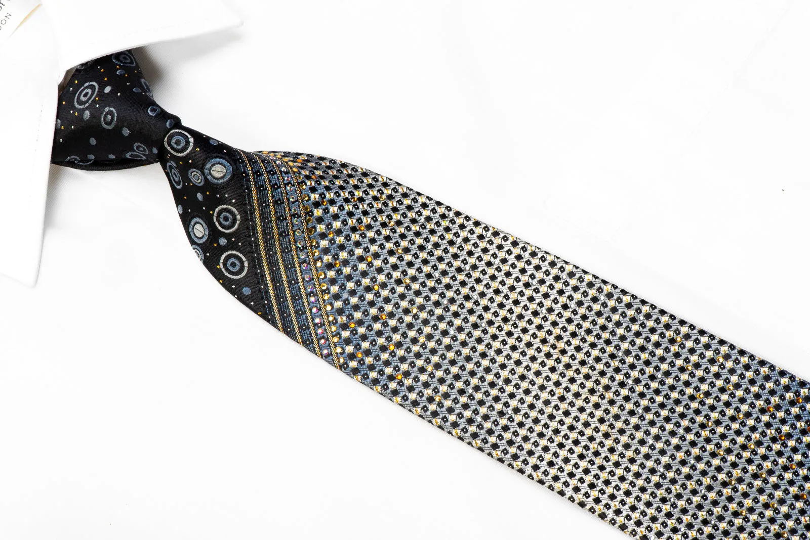 Silver Geometric Gold Striped On Black With Sparkles Rhinestone Silk Necktie