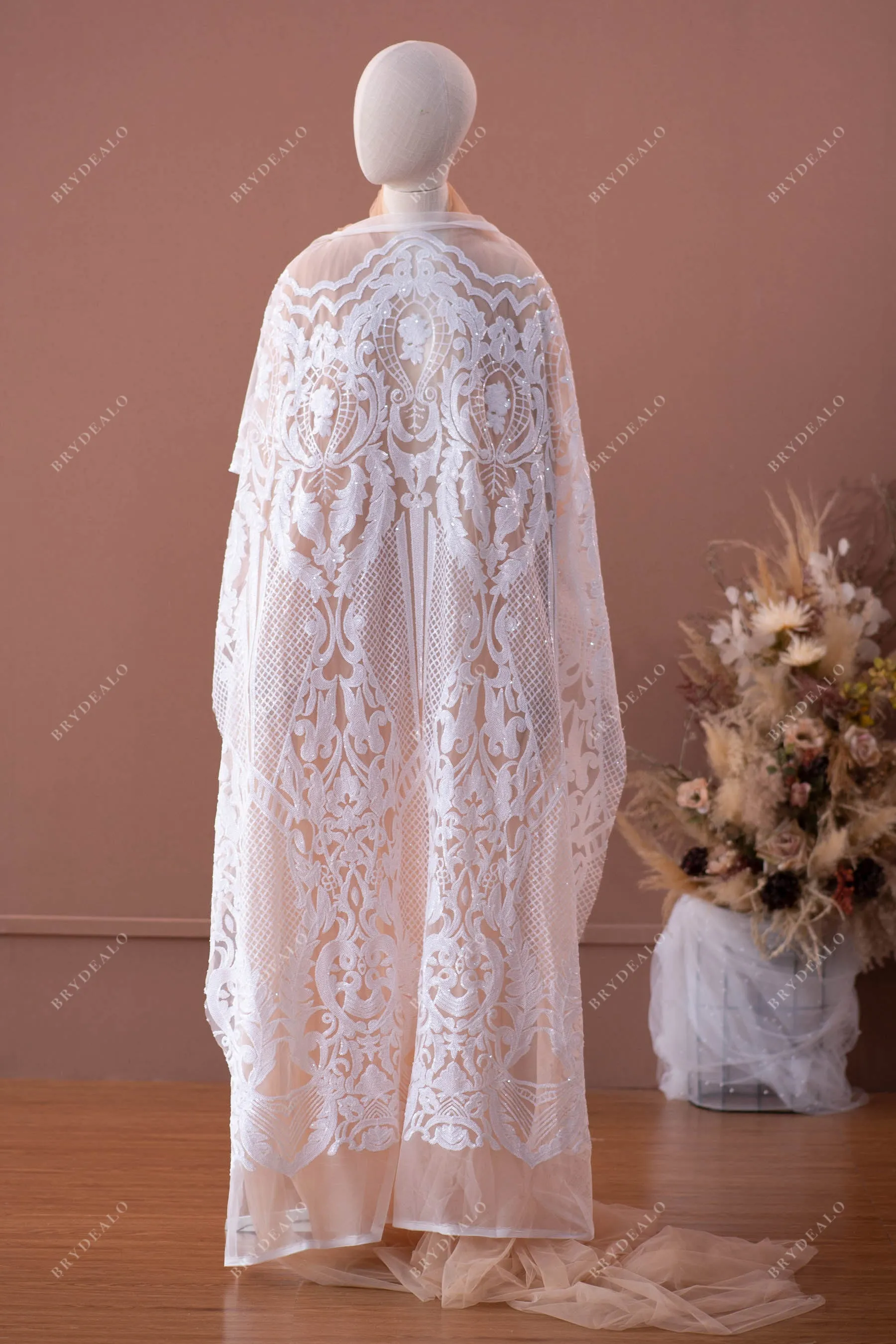 White Unique Patterned Sequined Lace Fabric Online