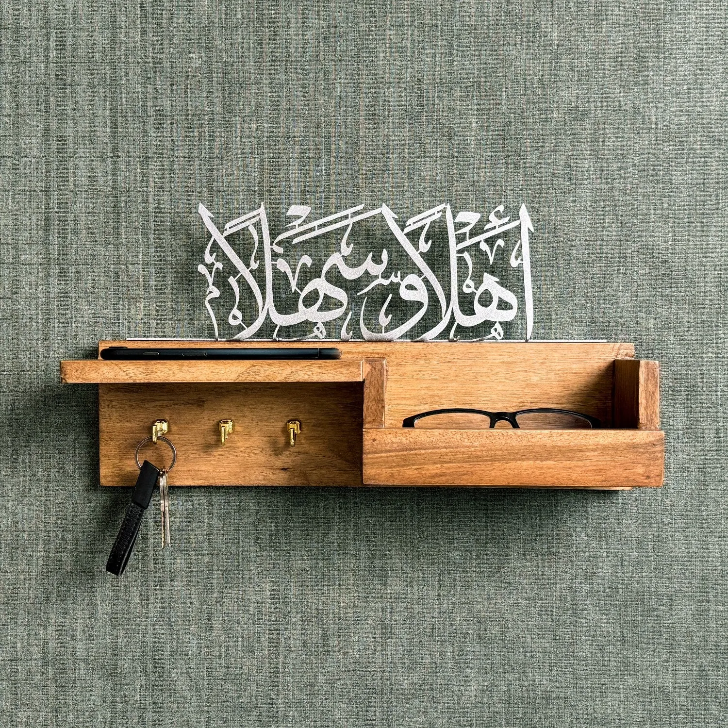 Wood Key Holder - Ahlan Wa Sahlan Arabic Calligraphy Muslim Home Decor