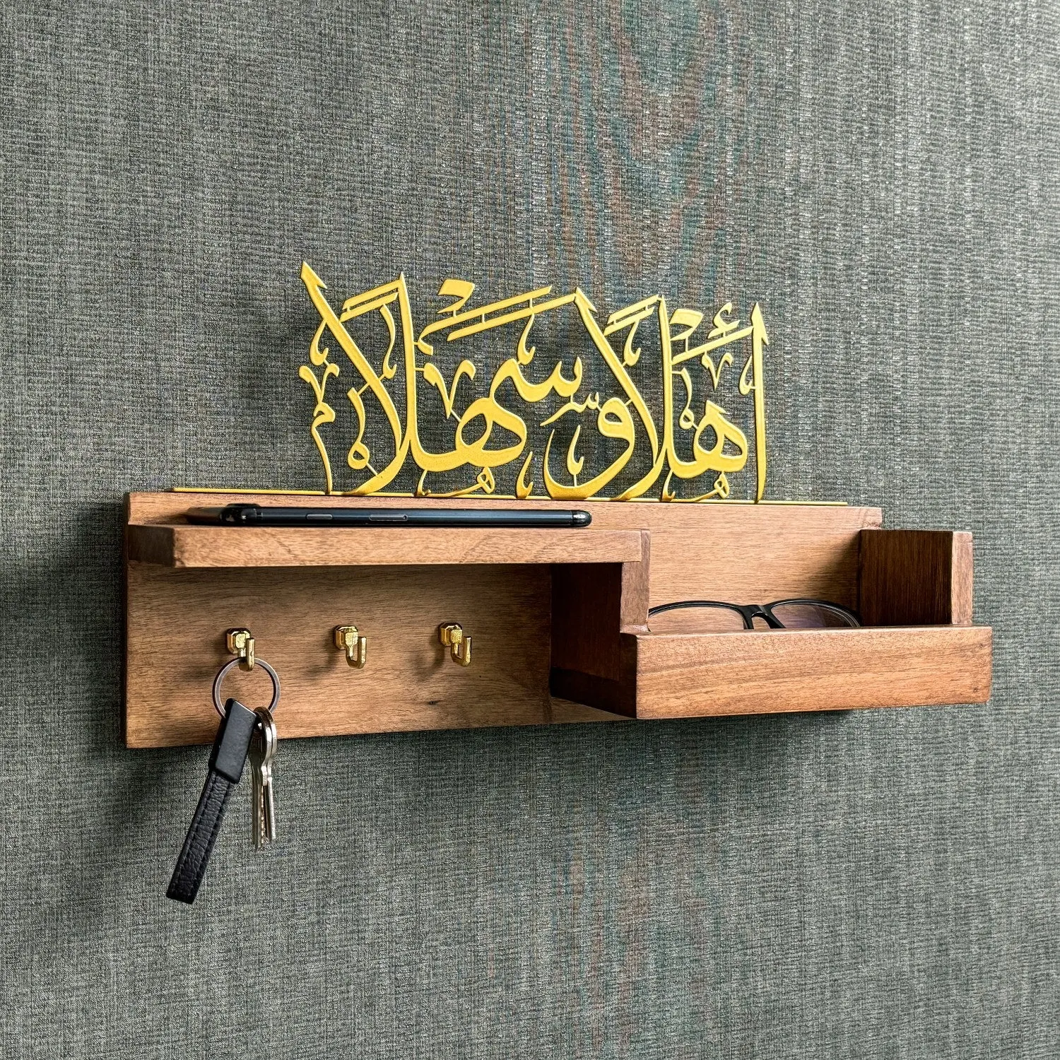 Wood Key Holder - Ahlan Wa Sahlan Arabic Calligraphy Muslim Home Decor