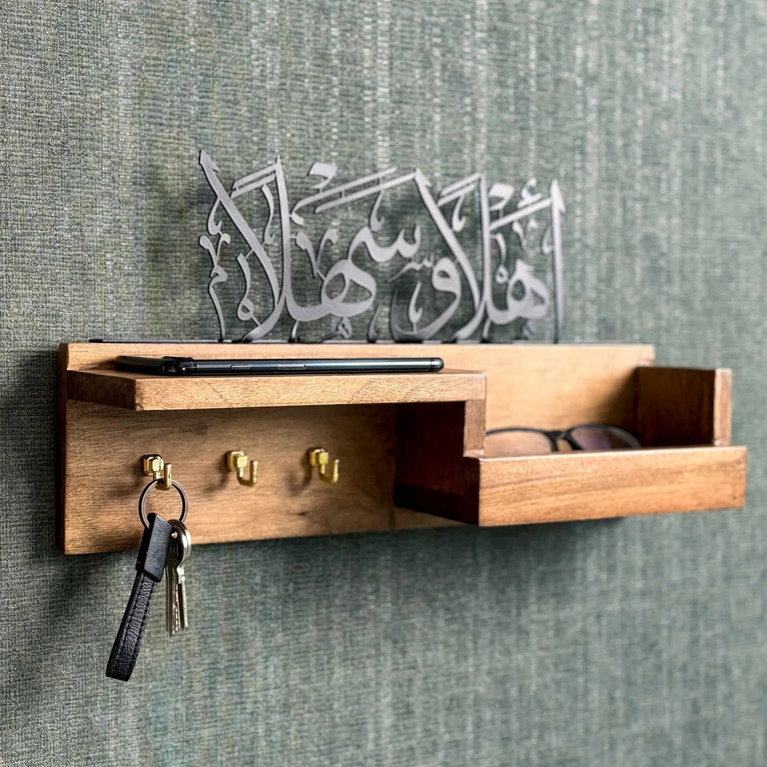 Wood Key Holder - Ahlan Wa Sahlan Arabic Calligraphy Muslim Home Decor