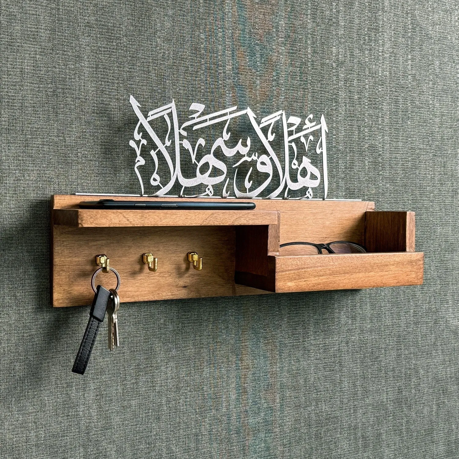 Wood Key Holder - Ahlan Wa Sahlan Arabic Calligraphy Muslim Home Decor